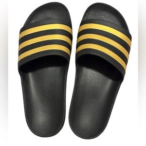 Adidas Black and Gold Striped Slides Men’s 8/Women’s 9